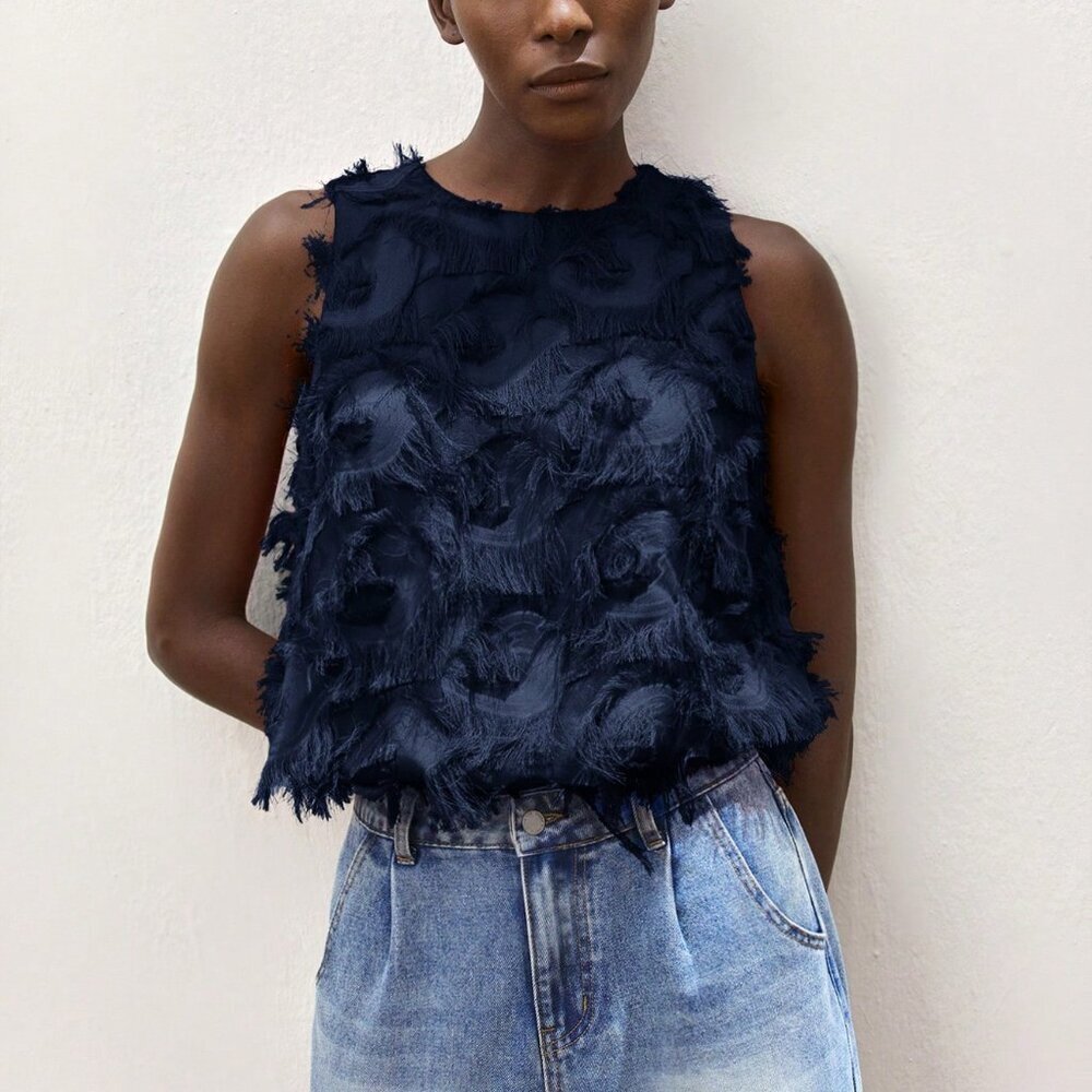 Navy Blue Bohemian Women's Casual Jacquard Camisole Top - Picture 4 of 6